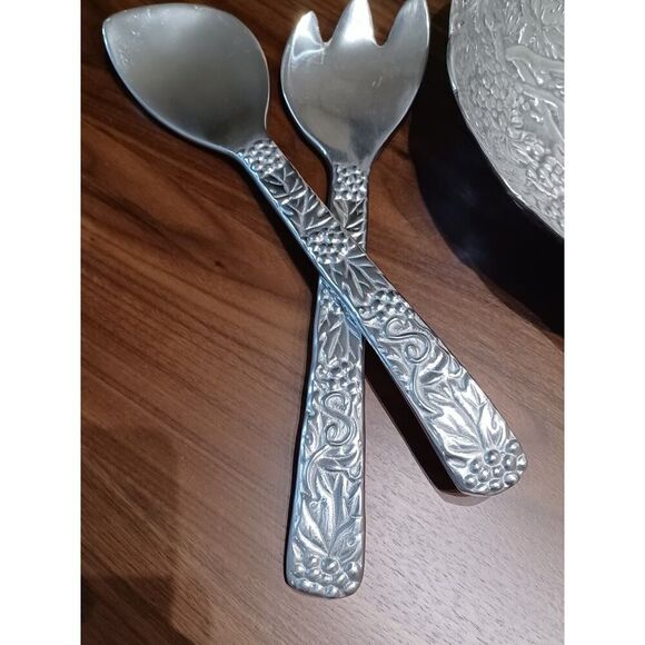 Polished Pewter 12" 3D Grape Vine Basket With Handle and Serving Fork And Spoon - Picture 3 of 9